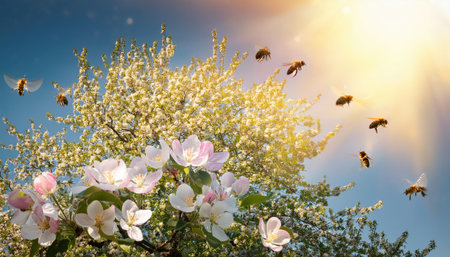 Bright sunlight illuminates a blooming apple tree as bees gather nectar from fragrant flowers in a lively spring setting.の素材