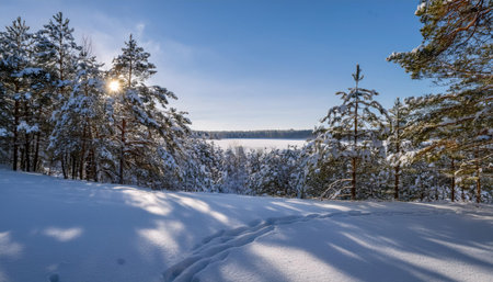 Sunlight reflects off a snow-covered landscape, highlighting the silhouettes of fir and pine trees in a peaceful winter forest.の素材
