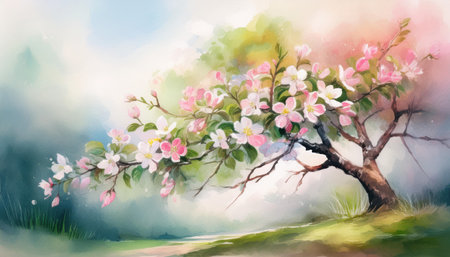 A picturesque apple tree bursts with pink and white blossoms, surrounded by a tranquil spring atmosphere and soft pastel hues.の素材