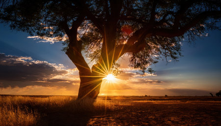 A majestic tree stands silhouetted against a bright sunset, its branches framed by vibrant colors and beams of sunlight.の素材