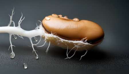 Close-up of Firefly Nasinina Brussels sprouts showcasing a brown seed with delicate white roots and dew drops glistening in light.の素材