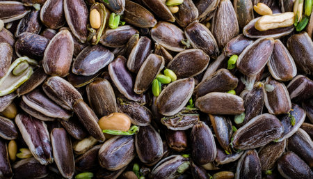 A close-up view of sunflower seeds exhibits diverse shapes and colors, highlighting their natural textures and variations in size and appearance.の素材