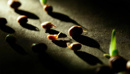 Tiny seedlings sprout and cast delicate shadows on a dark surface, highlighting the elegance of nature's growth process.の素材