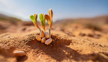 Seedlings of fireflies emerge from dry desert soil, showing resilience and growth in Nasinnya's extreme environment.の素材