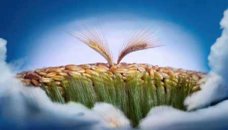 Wheat seeds sprout in a nutrient-rich environment, surrounded by soft clouds and illuminated by a bright sky, showing natural growth.の素材