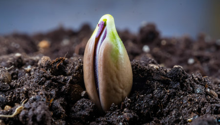 A seedling emerges from dark soil, showing new vibrant leaves that hint at future growth and life.の素材