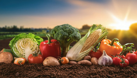 A vibrant assortment of fresh vegetables arranged on rich, dark soil during a beautiful sunset at a local farm.の素材