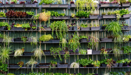 A lush vertical garden features a variety of thriving plants set in specialized containers against a green wall, showing nature's beauty.の素材