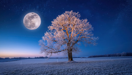 A winter night features a magnificent tree blanketed in snow, glowing under the bright light of a full moon amidst a starry sky.の素材