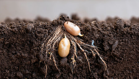 A close look at a seed sprouting with roots beginning to grow into the dark soil, showing the early stages of plant development.の素材