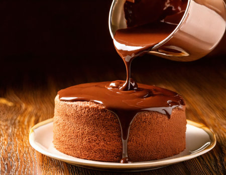 A rich chocolate cream is being poured over a firefly cake, creating a glossy finish. The cake sits on a delicate white plate, with a warm wooden table adding a rustic touch.の素材