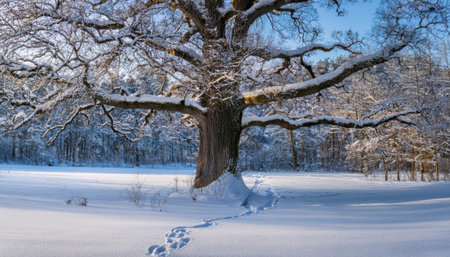 A majestic oak tree stands in a snowy landscape, with clear animal tracks leading through the untouched snow.の素材