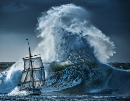 A vintage sailing vessel faces enormous waves in the turbulent waters of the ocean under dark stormy skies.の素材
