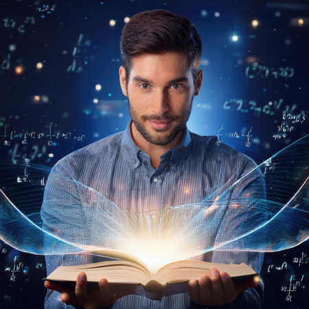 A student engaged in studying physics opens a book that emits a luminous glow. Surrounded by swirling equations, he explores the laws of planetary gravity, deepening his understanding.の素材