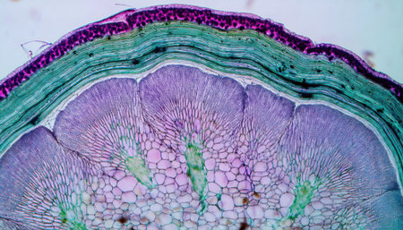 Detailed examination of plant tissue structure reveals intricate cell organization and layering characteristics under magnification.の素材