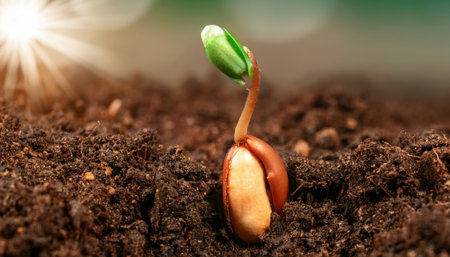 A tiny seedling of firefly nasinyn breaks through the soil, reaching for sunlight and beginning its journey of growth.の素材