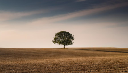 A solitary tree rises in a vast, barren landscape, creating a striking contrast against the moody, overcast sky.の素材
