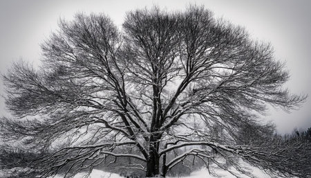 Snow blankets the ground as a large tree with bare branches captures attention in a serene winter setting, evoking tranquility and solitude.の素材
