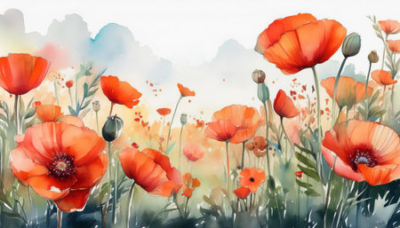 A stunning display of red poppies unfurling their petals in a serene landscape, flourishing near gentle waves of water.の素材