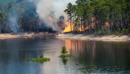 Flames rise dramatically from the forest, casting dark smoke over the calm water, reflecting a stark contrast in the tranquil environment.の素材