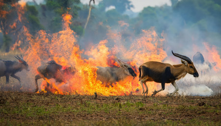 Antelopes dash through a landscape engulfed in flames, illustrating the fierce natural chaos during a fire in the wild.の素材