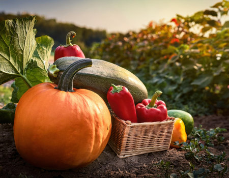 Seasonal vegetables like vibrant peppers, a large pumpkin, and fresh zucchini are gathered in a farm setting during the golden hour. The warm light enhances their colors and textures.の素材