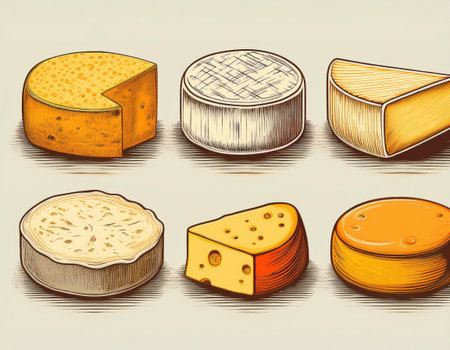 A collection of various cheese types arranged neatly, highlighting different shapes, colors, and textures. Each piece varies in size and style, emphasizing the diversity of cheese.の素材