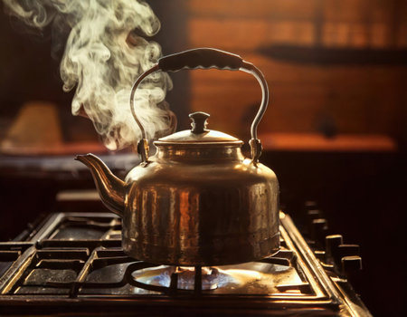 A vintage kettle, crafted in an old-fashioned style, sits on a stove with steam rising. The warm glow of the kitchen creates a tranquil ambiance, perfect for tea preparation.の素材
