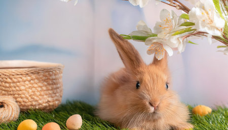 A fluffy rabbit sits gracefully among spring flowers and vibrant Easter eggs, creating a cheerful and festive atmosphere.の素材