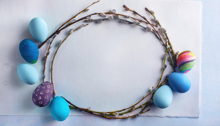 Vibrant blue and patterned eggs are artistically displayed in a circular layout among delicate willow branches, creating a festive atmosphere.の素材
