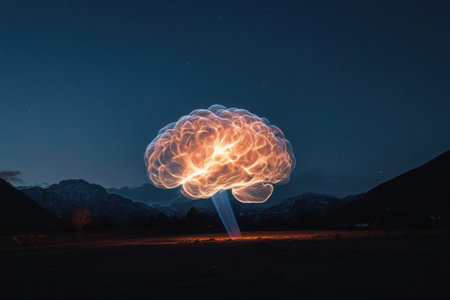 A holographic representation of a brain emits vibrant light waves into the night sky. Surrounded by mountains, this captivating display blends science and art in a serene landscape.の素材