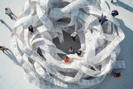 Individuals are engaged in various activities within a dynamic installation of spiraling financial documents. This captivating artwork reflects the intricate nature of debt and economic challenges.の素材
