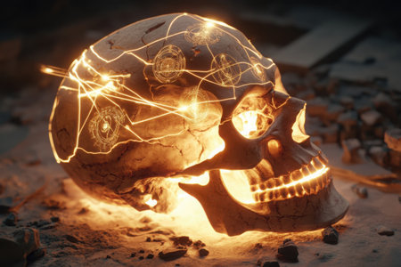 A detailed skull rests on a rugged surface, glowing with intricate symbols of knowledge. Soft light emanates from the skull, casting an intriguing ambiance in a dimly lit environment.の素材