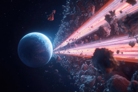 A vibrant digital stream flows from a distant planet, surrounded by swirling asteroids, illuminating the dark expansion of space in a futuristic display. Energy pulses through the cosmos.の素材