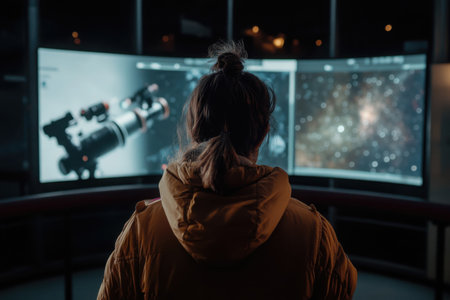 A person gazes at interactive displays in an observatory, captivated by the beauty of the starry sky and celestial objects, immersed in the wonders of the universe.の素材
