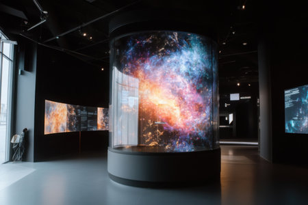 A striking holographic model displays a vibrant cosmic visualization in a modern exhibit. Guests observe the innovative technology in a spacious, well-lit area designed for exploration and learning.の素材