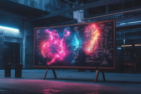 In a dimly lit urban classroom, a large board displays vibrant cosmic-themed formulas.の素材