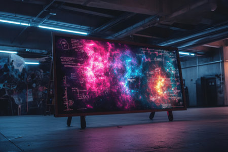 A vibrant school board showcases intricate formulas alongside stunning cosmic imagery, lighting up a science classroom in soft illumination. Students around, gather in their studies.の素材