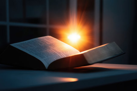 An open book rests on a surface, casting a warm, radiant light in a dim environment. The soft glow illuminates the area, enhancing the tranquil atmosphere.の素材