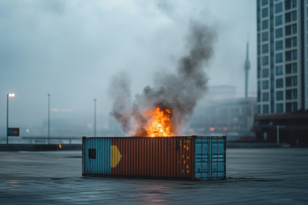 A container filled with export goods burns intensely in a hazy urban environment. Smoke rises into the cool twilight sky, casting an eerie atmosphere over the area.の素材