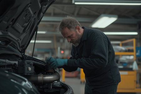 An experienced technician focuses on testing and diagnosing a car's exhaust system in a well-equipped workshop. Tools and equipment surround him as he works meticulously.の素材