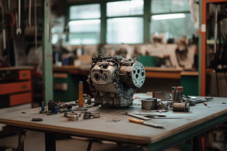 An engine is fully disassembled on a workshop table, surrounded by various tools and parts. The setting features a bright workspace, showing an intricate mechanical activity.の素材
