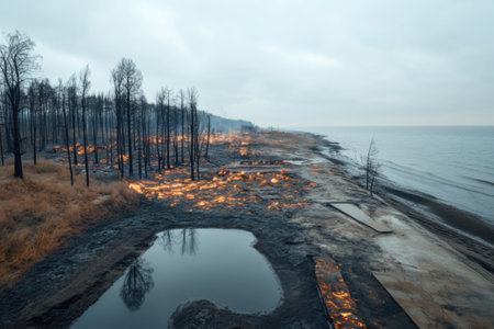Burnt trees line the shoreline, remnants of a once-thriving ecosystem now left charred and lifeless. Fires rage along the coastline, signaling ecological disaster.の素材