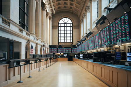 Stock exchange floor is completely empty, featuring numerous trading screens displaying market data. The large, open space emphasizes silence and lack of activity in the trading arena.の素材