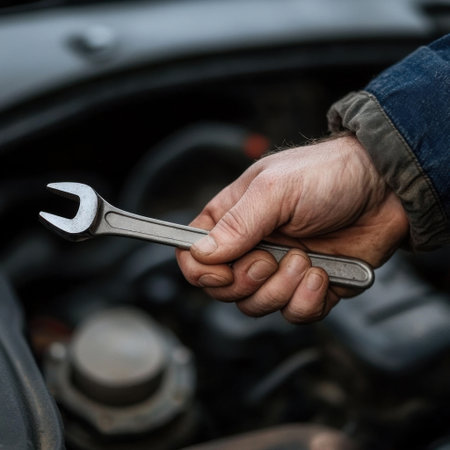 A hand grips a metal wrench, poised for use on a car engine. The setting suggests a garage where mechanical repairs take place, highlighting hands-on work.の素材