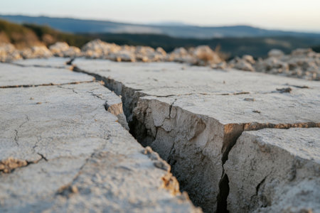 A large crack runs through the ground, exposing rough, cracked earth in an arid area. The light of late afternoon casts shadows, emphasizing the fissures in the terrain.の素材
