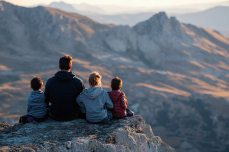 A family sits at the edge of a cliff, gazing at the majestic mountain landscape bathed in warm sunset light. This serene moment embodies the joy of exploration and family bonding.の素材