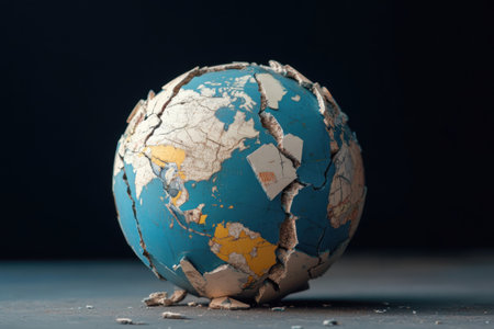 A fragile globe splits into several pieces, highlighting Earth's vulnerability. The intricate details of continents emerge amidst cracks, symbolizing climate change challenges.の素材