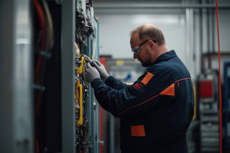A mechanic diligently checks exhaust gases in a well-lit auto repair workshop. The technician uses specialized tools while wearing safety gear to ensure the vehicle meets emission standards.の素材