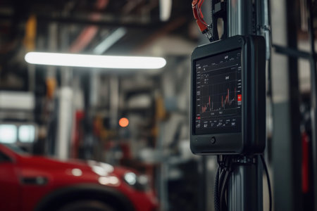A high-tech diagnostic monitor shows graphs and indicators of vehicle performance metrics in a busy automotive workshop during the day. Mechanics are actively working nearby.の素材